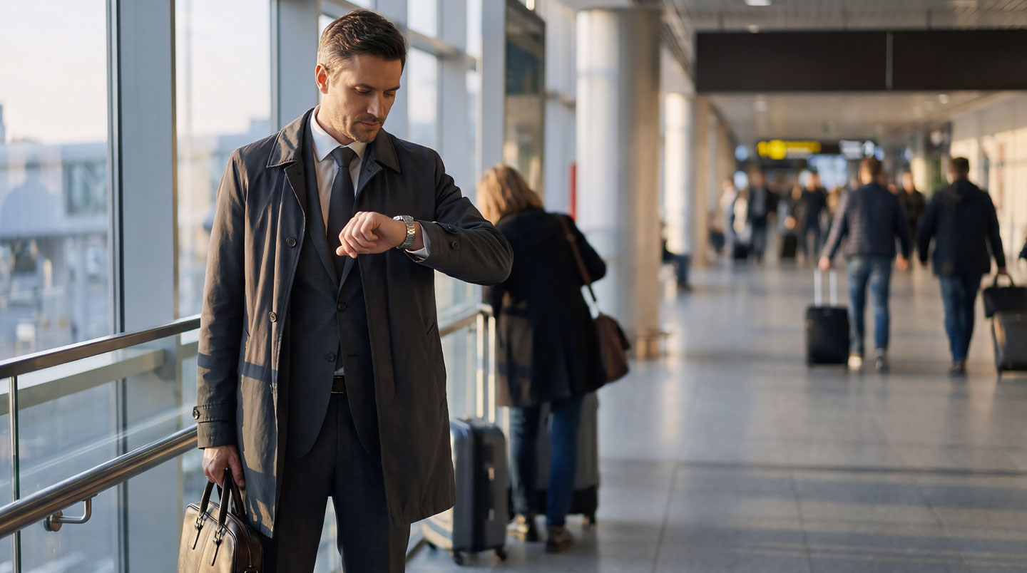 Gros plan sur une main tenant un smartphone à écran flouté avec une montre visible au poignet, sur une surface moderne claire, lumière naturelle latérale créant une belle profondeur de champ