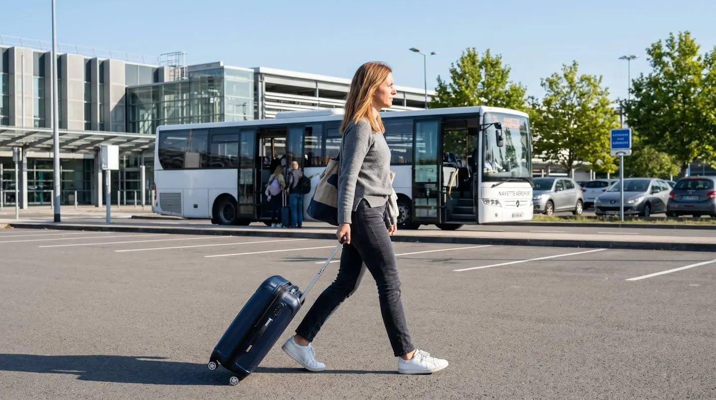 Un voyageur vu de profil marche en tirant une valise à roulettes vers une navette d'aéroport, dans un environnement de parking extérieur moderne sous une lumière naturelle du matin